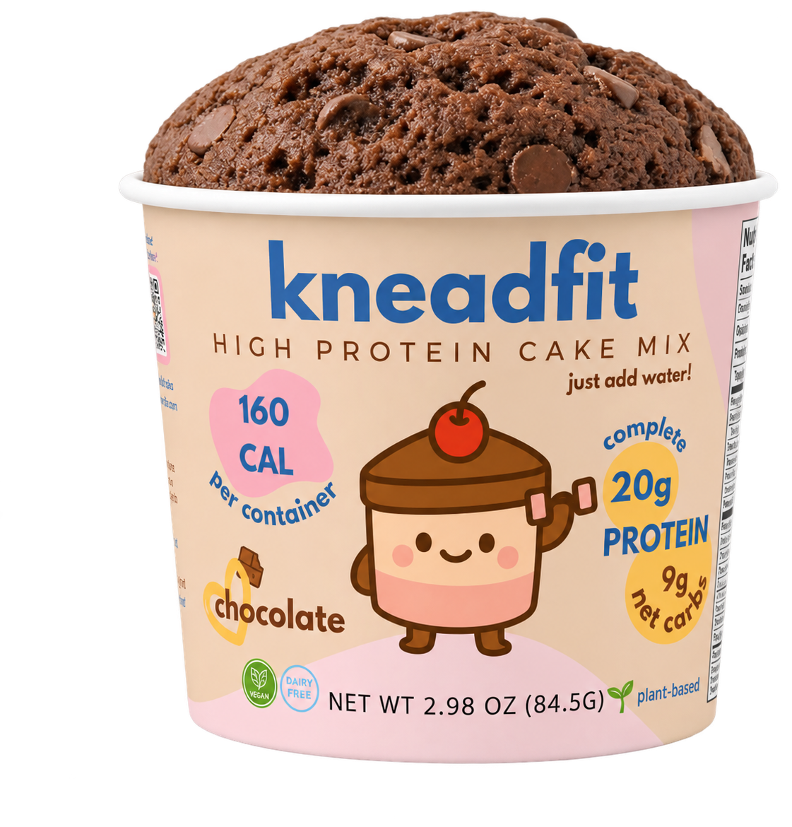 KneadFit chocolate high protein cake mix cup with a baked cake on top
